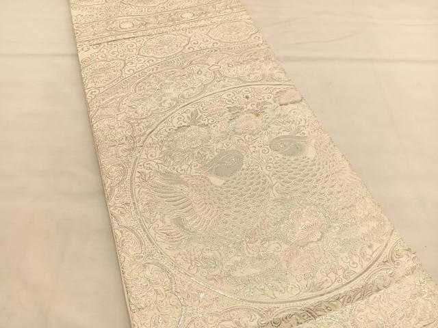 平和屋着物◎六通柄袋帯　唐織　向かい鴛鴦花丸文　プラチナ箔　正絹　逸品　BAAU5598hv