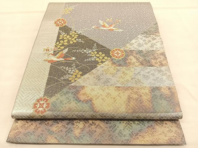 平和屋着物◎太鼓柄袋帯　唐織　花喰い鳥　草木染　金銀糸　正絹　逸品　BAAU5606hv