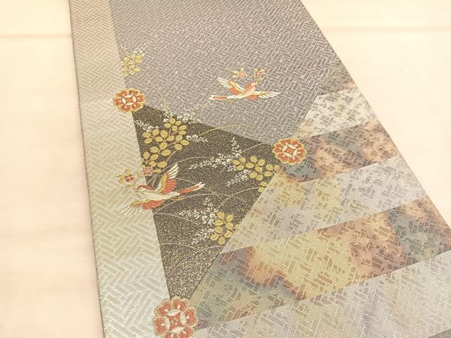 平和屋着物◎太鼓柄袋帯　唐織　花喰い鳥　草木染　金銀糸　正絹　逸品　BAAU5606hv