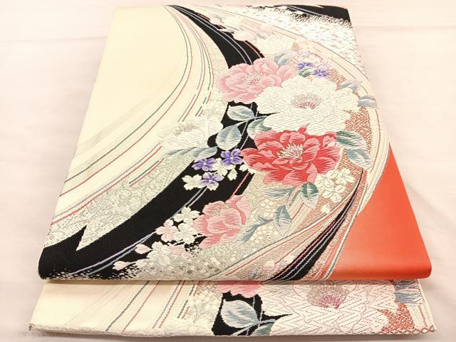 平和屋着物◎六通柄袋帯　唐織　草花文　銀糸　正絹　逸品　BAAU5617hv