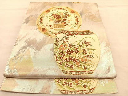 平和屋着物◎六通柄袋帯 唐織 陶器花文 金糸 引箔 正絹 逸品 BAAU5618hv