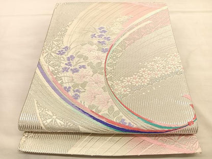 平和屋着物◎両面　六通柄袋帯　唐織　束ね熨斗花文　銀糸　正絹　逸品　BAAU5619hv