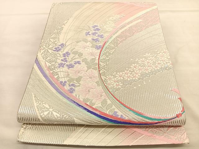 平和屋着物◎両面　六通柄袋帯　唐織　束ね熨斗花文　銀糸　正絹　逸品　BAAU5619hv