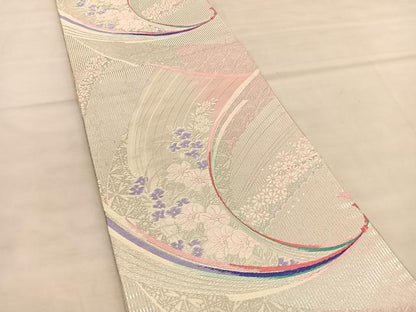 平和屋着物◎両面　六通柄袋帯　唐織　束ね熨斗花文　銀糸　正絹　逸品　BAAU5619hv