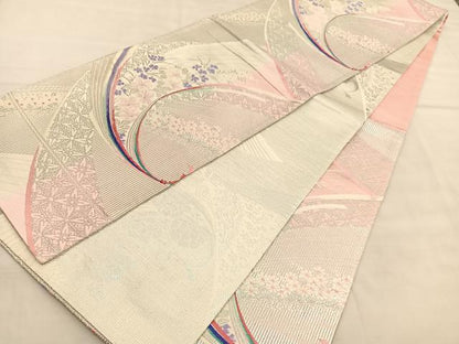 平和屋着物◎両面　六通柄袋帯　唐織　束ね熨斗花文　銀糸　正絹　逸品　BAAU5619hv