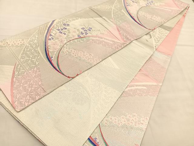 平和屋着物◎両面　六通柄袋帯　唐織　束ね熨斗花文　銀糸　正絹　逸品　BAAU5619hv