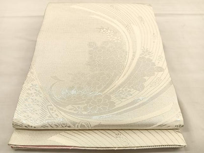 平和屋着物◎両面　六通柄袋帯　唐織　束ね熨斗花文　銀糸　正絹　逸品　BAAU5619hv