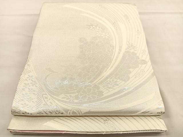 平和屋着物◎両面　六通柄袋帯　唐織　束ね熨斗花文　銀糸　正絹　逸品　BAAU5619hv