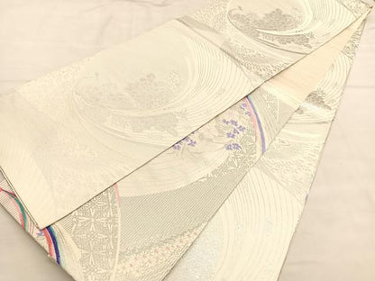 平和屋着物◎両面　六通柄袋帯　唐織　束ね熨斗花文　銀糸　正絹　逸品　BAAU5619hv