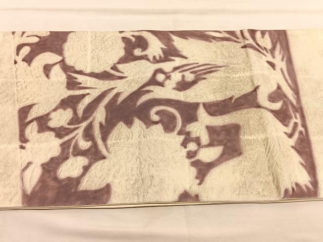 平和屋着物◎太鼓柄袋帯　ふくれ織　更紗花鳥文　銀糸　正絹　逸品　BAAU5625hv