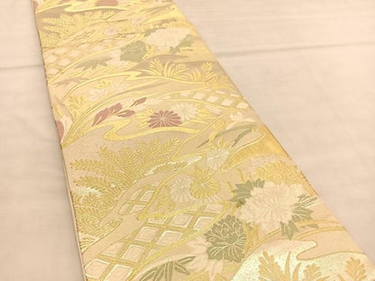平和屋着物◎六通柄袋帯　草花文　金糸　正絹　逸品　BAAU5634hv