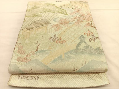 平和屋着物◎本箔佐賀錦　六通柄袋帯　流水風景文　金銀糸　正絹　逸品　BAAU5642hv