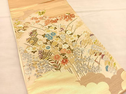 平和屋着物◎六通柄袋帯　唐織　秋草文　金糸　正絹　逸品　BAAU5672hv