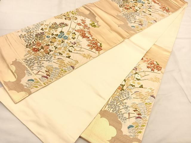 平和屋着物◎六通柄袋帯　唐織　秋草文　金糸　正絹　逸品　BAAU5672hv