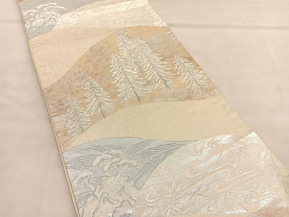 平和屋着物◎六通柄袋帯　遠山樹林文　銀糸　正絹　逸品　BAAU5675hv
