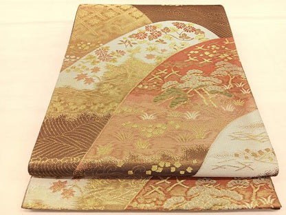 平和屋着物◎六通柄袋帯　重ね山花蝶文　金銀糸　正絹　逸品　BAAU5682hv