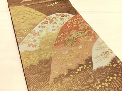 平和屋着物◎六通柄袋帯　重ね山花蝶文　金銀糸　正絹　逸品　BAAU5682hv