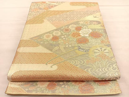 平和屋着物◎宝朱本佐賀錦　六通柄袋帯　花車文　九百錦　金糸　正絹　逸品　BAAU5690hv