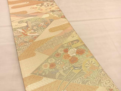 平和屋着物◎宝朱本佐賀錦　六通柄袋帯　花車文　九百錦　金糸　正絹　逸品　BAAU5690hv