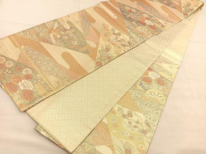 平和屋着物◎宝朱本佐賀錦　六通柄袋帯　花車文　九百錦　金糸　正絹　逸品　BAAU5690hv