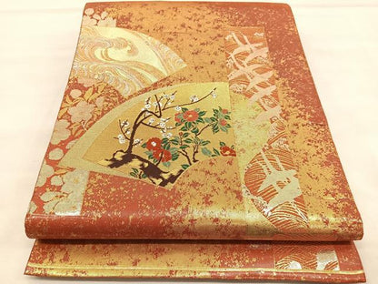 平和屋着物◎六通柄袋帯　唐織　飛鶴地紙花文　金銀糸　正絹　逸品　BAAU5692hv