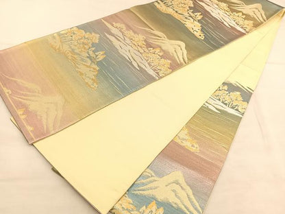 平和屋着物◎六通柄　本袋帯　遠山風景文　金銀糸　正絹　逸品　BAAU5693hv