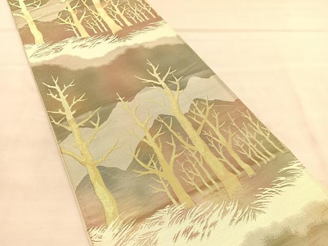 平和屋着物◎六通柄袋帯　木立　金糸　正絹　逸品　BAAU5707hv