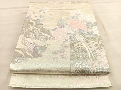 平和屋着物◎六通柄袋帯 唐織 尾長鳥花文 プラチナ箔二重織 正絹 逸品 BAAU5731hv
