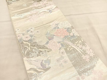 平和屋着物◎六通柄袋帯 唐織 尾長鳥花文 プラチナ箔二重織 正絹 逸品 BAAU5731hv