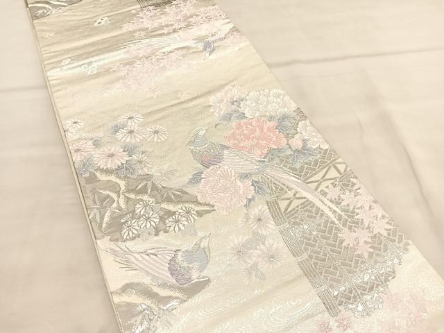 平和屋着物◎六通柄袋帯 唐織 尾長鳥花文 プラチナ箔二重織 正絹 逸品 BAAU5731hv