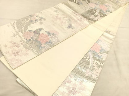 平和屋着物◎六通柄袋帯 唐織 尾長鳥花文 プラチナ箔二重織 正絹 逸品 BAAU5731hv