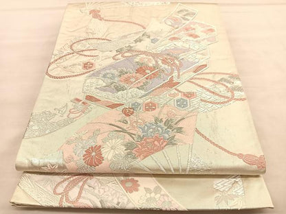 平和屋着物◎六通柄袋帯　唐織　扇面文箱花文　銀糸　正絹　逸品　BAAU5743hv