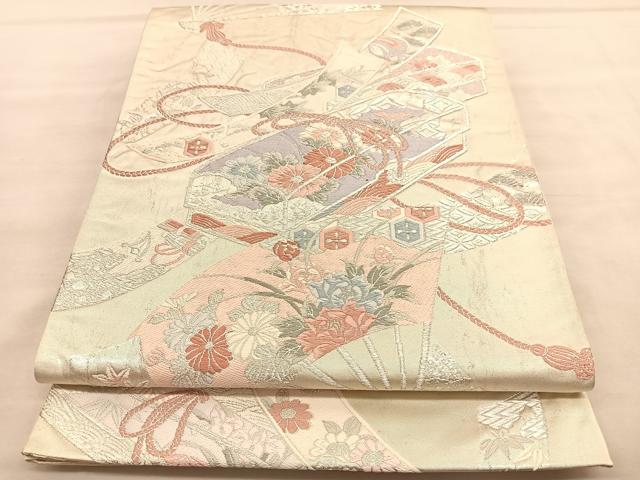 平和屋着物◎六通柄袋帯　唐織　扇面文箱花文　銀糸　正絹　逸品　BAAU5743hv
