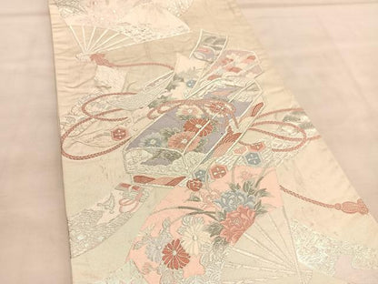 平和屋着物◎六通柄袋帯　唐織　扇面文箱花文　銀糸　正絹　逸品　BAAU5743hv