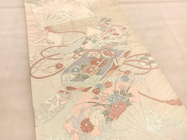 平和屋着物◎六通柄袋帯　唐織　扇面文箱花文　銀糸　正絹　逸品　BAAU5743hv