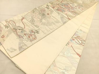 平和屋着物◎六通柄袋帯　唐織　扇面文箱花文　銀糸　正絹　逸品　BAAU5743hv