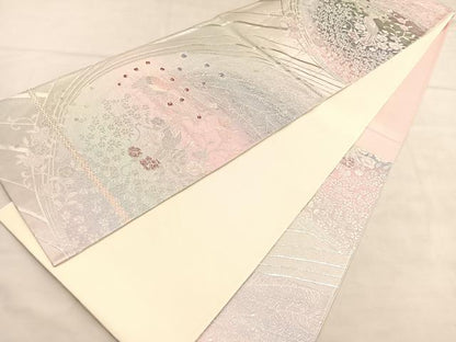 平和屋着物◎六通柄袋帯　唐織　孔雀花文　銀糸　正絹　逸品　BAAU5744hv