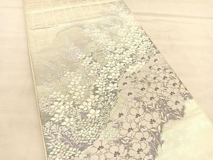 平和屋着物◎六通柄袋帯　唐織　桔梗花文　銀糸　正絹　逸品　BAAU5764hv