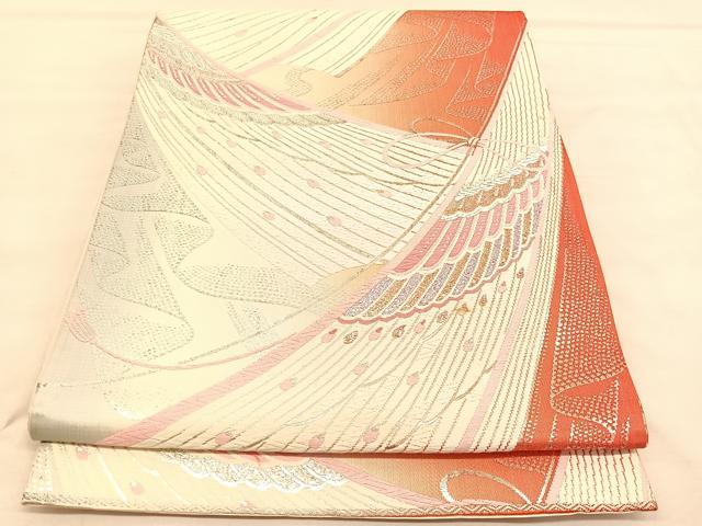 平和屋着物◎六通柄袋帯　唐織　孔雀羽文　銀糸　正絹　逸品　BAAU5768hv