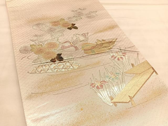 平和屋着物◎太鼓柄袋帯　作家物　八ツ橋鴛鴦花文　金銀彩　正絹　逸品　BAAU5772hv