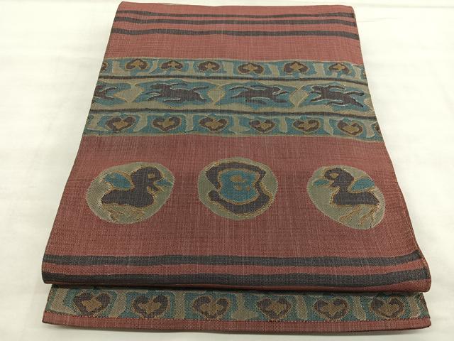 平和屋着物◎六通柄袋帯　横段兎鳥丸文　正絹　逸品　BAAU5783hv