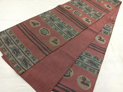 平和屋着物◎六通柄袋帯　横段兎鳥丸文　正絹　逸品　BAAU5783hv