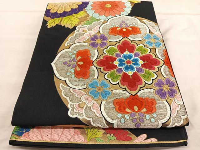 平和屋着物◎六通柄袋帯　唐織　花丸文　黒地　金銀糸　正絹　逸品　BAAU5789hv