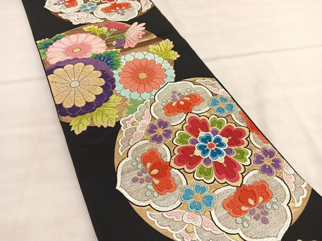 平和屋着物◎六通柄袋帯　唐織　花丸文　黒地　金銀糸　正絹　逸品　BAAU5789hv