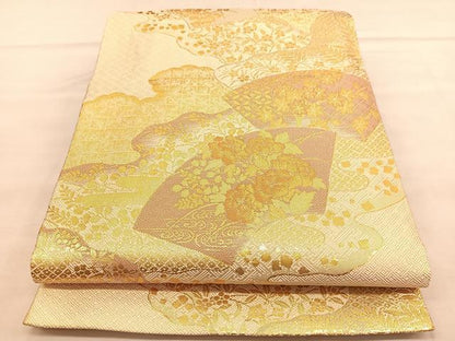 平和屋着物◎佐賀錦　両面　六通柄袋帯　唐織　地紙花文　金糸　正絹　逸品　BAAU5790hv
