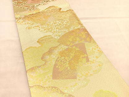 平和屋着物◎佐賀錦　両面　六通柄袋帯　唐織　地紙花文　金糸　正絹　逸品　BAAU5790hv
