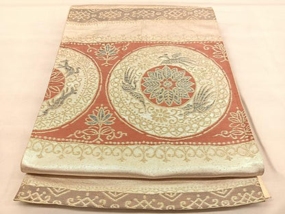 平和屋着物◎六通柄袋帯 横段花鳥丸文 金糸 正絹 逸品 BAAU5795hv