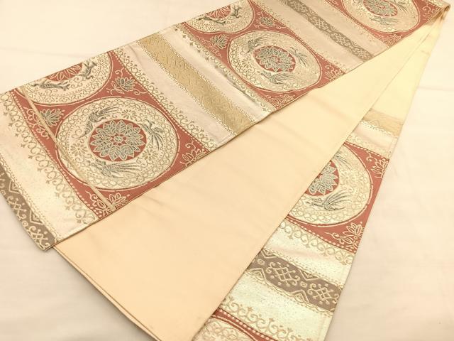 平和屋着物◎六通柄袋帯 横段花鳥丸文 金糸 正絹 逸品 BAAU5795hv