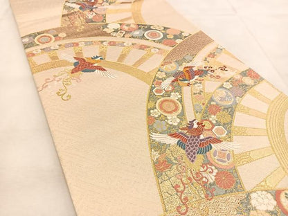 平和屋着物◎六通柄袋帯　唐織　鳳凰花蝶片輪車文　金糸　正絹　逸品　BAAU6027yc