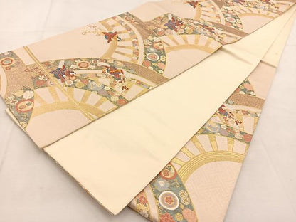平和屋着物◎六通柄袋帯　唐織　鳳凰花蝶片輪車文　金糸　正絹　逸品　BAAU6027yc